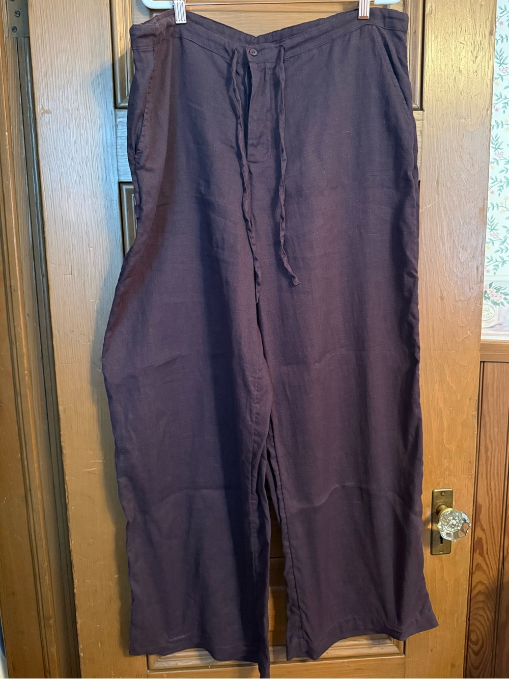 Women's Wide-Leg Drawstring Linen Pants in brown.
